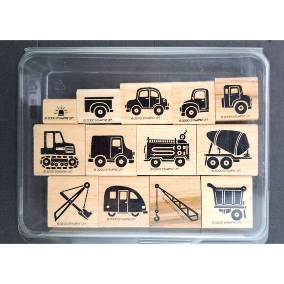 Stampin Up Fun On Wheels Rubber Stamp Set Of 13 Truck Car Tractor Fire Camper - Picture 2 of 5
